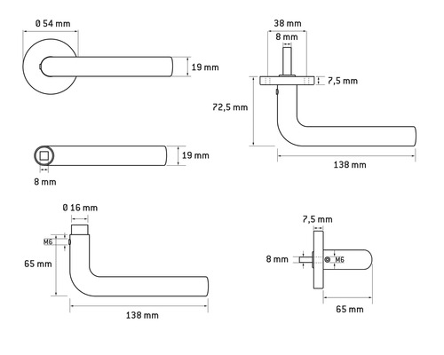 Desen tehnic al unui clanțe de ușă cu dimensiuni