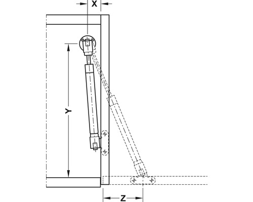 Desen tehnic al unei feronerii rabatabile cu dimensiunile X, Y și Z.