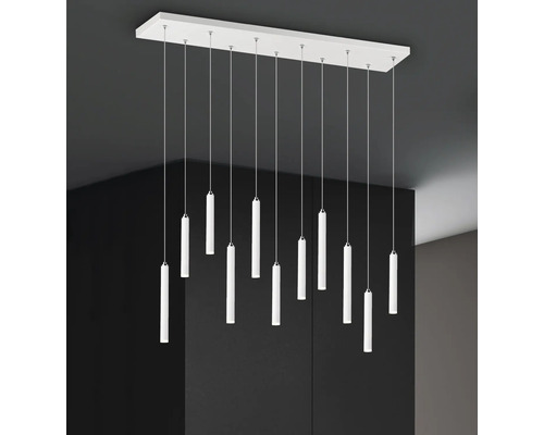 Lumină suspendată modernă cu abajururi cilindrice, suspendată de un suport de tavan dreptunghiular.