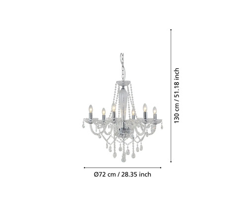 Candelabru de cristal cu șase becuri și dimensiuni