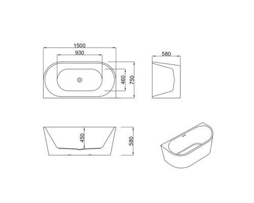 Desen tehnic al unei căzi cu dimensiuni