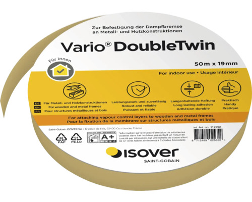 Bandă adezivă Vario DoubleTwin pentru fixarea barierei de vapori pe structuri metalice și din lemn, 50 de metri pe 19 milimetri