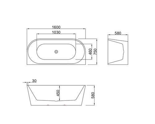 Desen tehnic al unei căzi cu dimensiuni