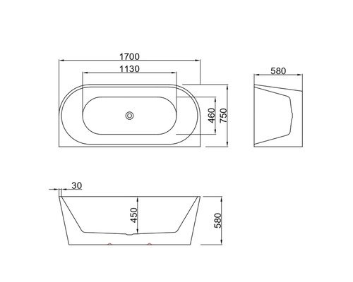 Desen tehnic al unei căzi cu dimensiuni