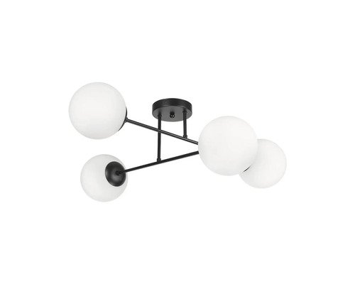 Lumină de plafon cu patru abajururi rotunde, albe și cadru negru