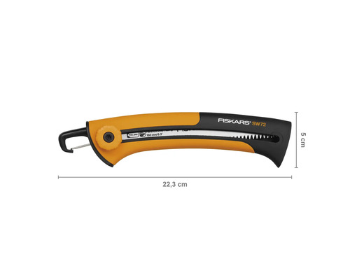Fierăstrău manual Fiskars SW72 cu o lungime de 22,3 cm și o înălțime de 5 cm.