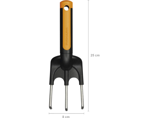 Logo Fiskars unealtă de grădină cu trei dinți și mâner, lungime de 25 cm și lățime de 8 cm.