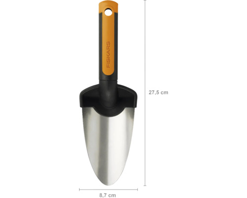 Lopată de plantat Fiskars cu o lungime de 27,5 cm și o lățime de 8,7 cm.