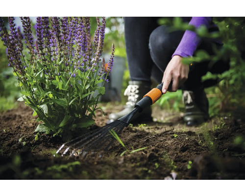Grădinar care lucrează solul cu o greblă lângă o plantă cu flori în grădină.
