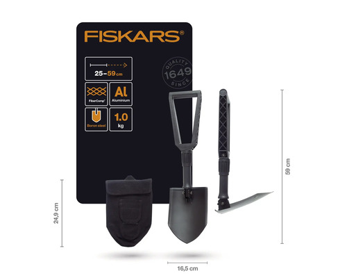 Pala pliabilă Fiskars cu geantă și indicații de dimensiune