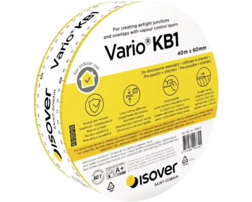 Bandă de etanșare Isover Vario KB1, 40 metri pe 60 milimetri, pentru lipirea etanșă la aer și suprapunerea foliilor de control al vaporilor