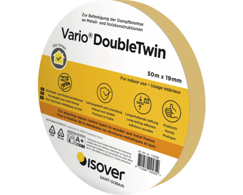 Bandă adezivă Isover Vario DoubleTwin 50 metri cu 19 milimetri pentru fixarea barierei de vapori pe structuri metalice și din lemn
