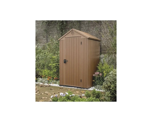 Dulap de grădină din plastic cu ușă și acoperiș în două ape în grădină