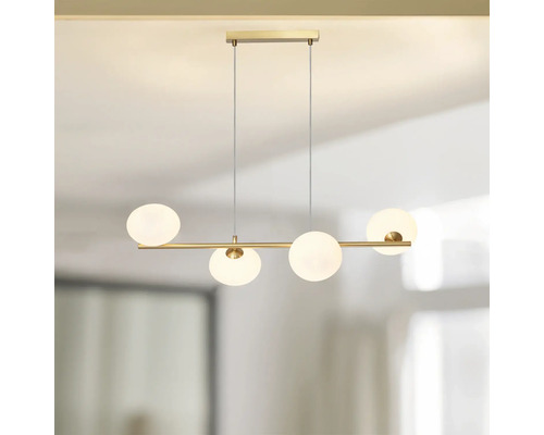 Lumină suspendată cu patru abajururi rotunde pe o bară orizontală