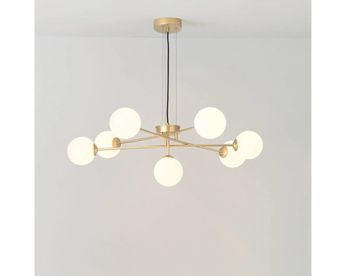 Lumină suspendată modernă cu mai multe abajururi rotunde și cadru auriu