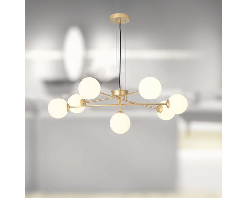 Lumină suspendată modernă cu opt abajururi sferice și cadru auriu.