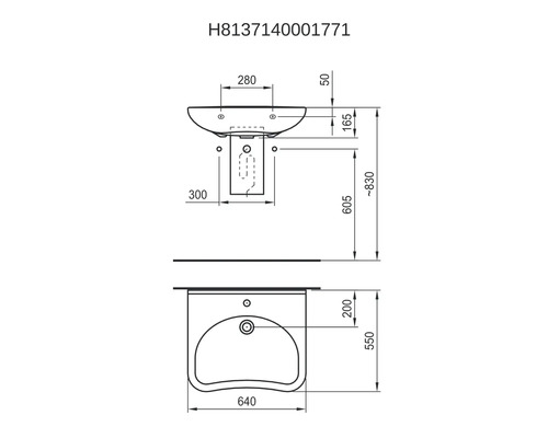 Desen tehnic al unei chiuvete cu dimensiuni.