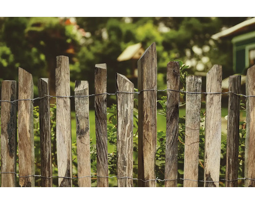 Gard din lemn cu scânduri inegale și sârmă