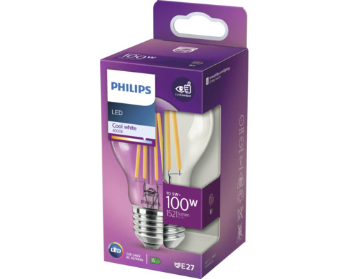 Bec LED Philips, soclu E27, 10,5 wați, 4000 kelvini, lumină albă neutră