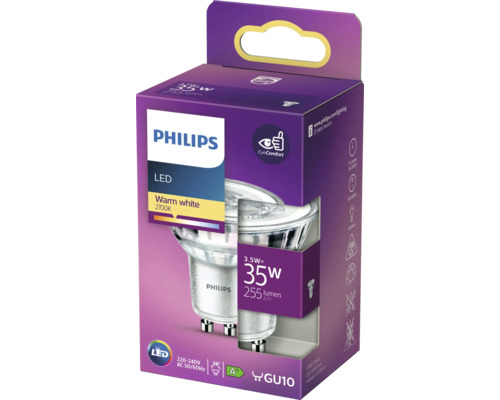 Bec LED Philips GU10 3,5 wați, alb cald în ambalaj