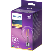 Logo Philips Bec LED 7 wați cu lumină albă caldă în ambalajul produsului