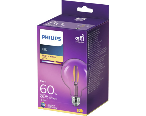 Logo Philips Bec LED 7 wați cu lumină albă caldă în ambalajul produsului