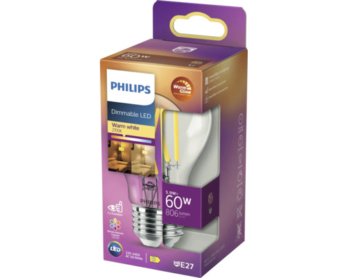Bec LED Philips, dimabil, 5,9 wați cu soclu E27 în ambalajul produsului