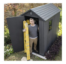 Bărbat cu scară galbenă în fața unei magazii de grădină.