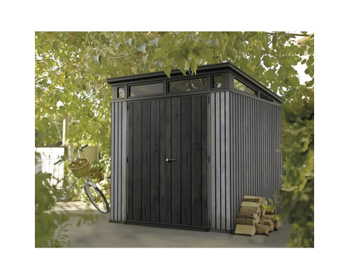 Magazie de grădină cu ușă dublă, ferestre și grămadă de lemne