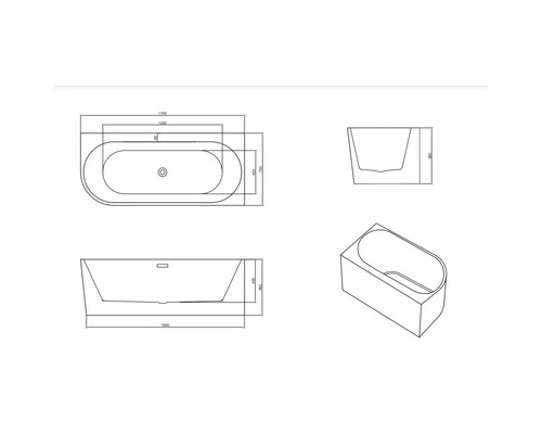 Desen tehnic al unei căzi de baie freestanding cu dimensiuni