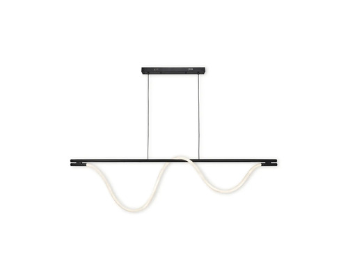 Lustr LED negru cu element de lumină curbat.