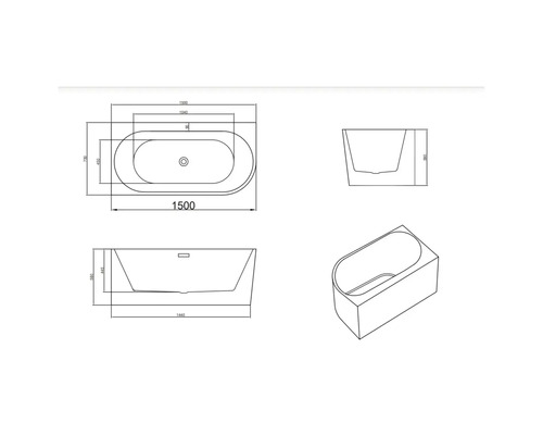 Desen tehnic al unei căzi de baie cu dimensiuni