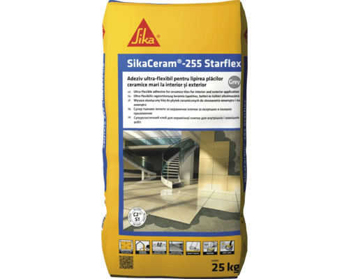 Adeziv flexibil Sika Ceram Starflex 255 C2 TE S1 pentru gresie și faianță de dimensiuni medii și mari pentru interior și exterior 25 kg gri