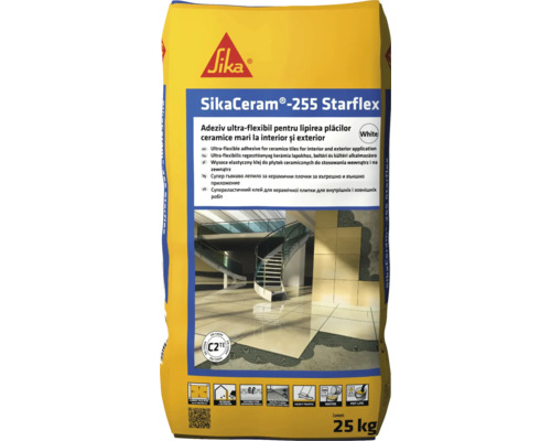 Adeziv flexibil Sika Ceram 255 StarFlex C2TES1 pentru gresie și faianță de dimensiuni medii și mari interior și exterior 25 kg alb