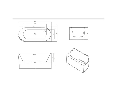Desen tehnic al unei căzi de baie cu dimensiuni.