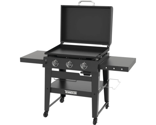 Grătar pe gaz Tenneker cu placă de grătar, trei arzătoare, suprafețe de depozitare și role