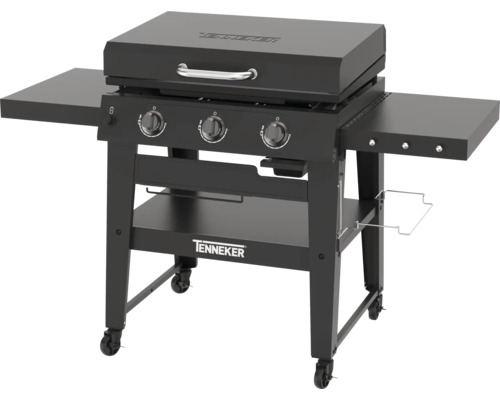 Grătar pe gaz negru Tenneker cu trei arzătoare, rafturi laterale și roți