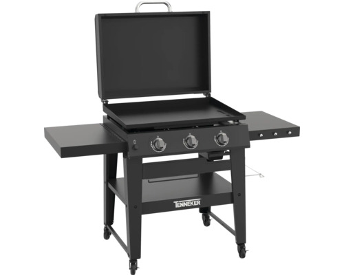 Grătar pe gaz negru cu trei arzătoare, capac și spații de depozitare laterale