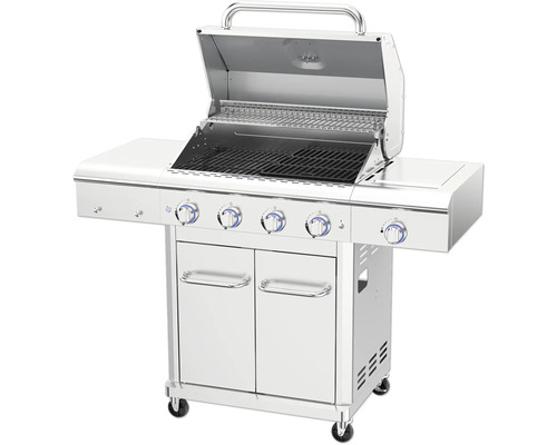 Grătar cărucior din oțel inoxidabil cu capac deschis și patru arzătoare