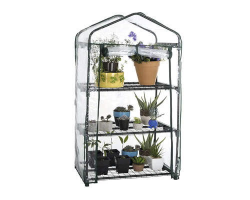 Seră cu trei rafturi și diverse plante în ghivece.
