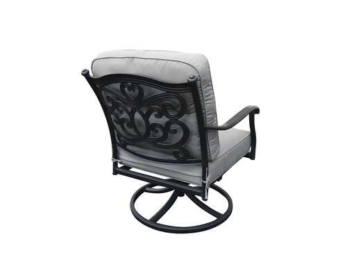 Scaun de grădină cu funcție de rotire și perne gri.