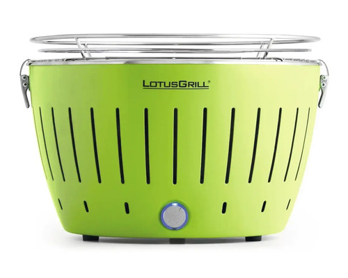 Grătar cu cărbune LotusGrill, de culoare verde, cu grătar.