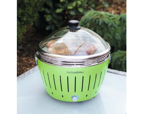 Grătar Lotusgrill cu capac de sticlă și alimente pentru grătar