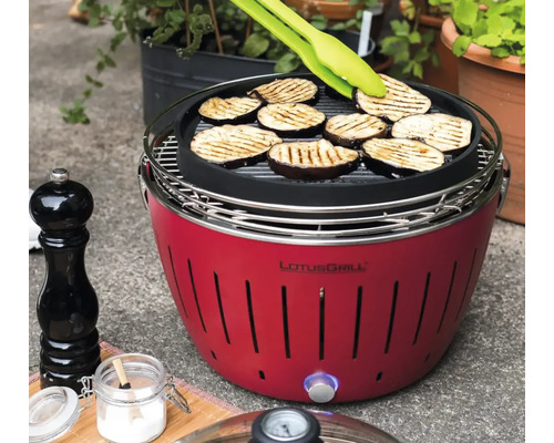 Grătar Lotusgrill cu felii de vinete și clește pentru grătar