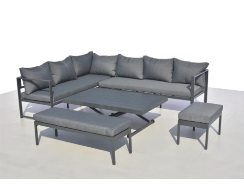 Set gri de mobilier de grădină cu canapea de colț, masă, bancă și taburet.