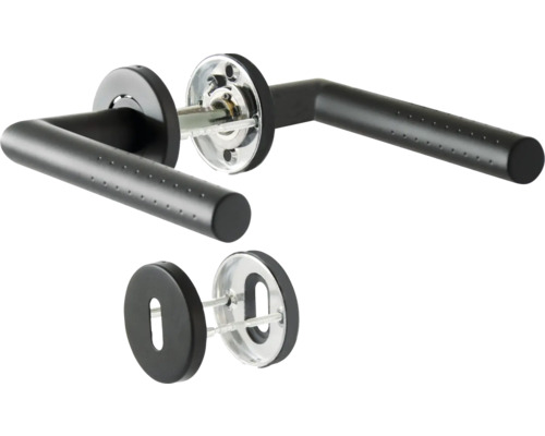 Set negru de mânere de ușă cu rozete și feronerie