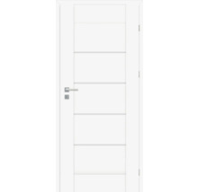 Ușă interioară albă cu elemente de design orizontale, mâner și încuietoare.