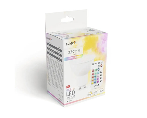 Ambalaj lampă LED Avide GU10 RGB + Alb cu telecomandă, 230 lumeni, 2,9 wați