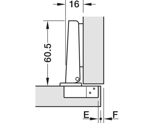 Desen tehnic al unei balamale de mobilă cu cote.