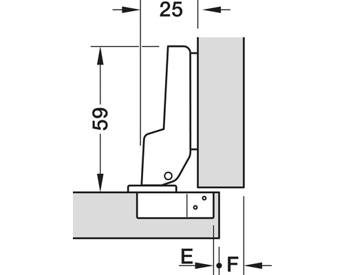 Desen tehnic al unei balamale de mobilă cu dimensiuni